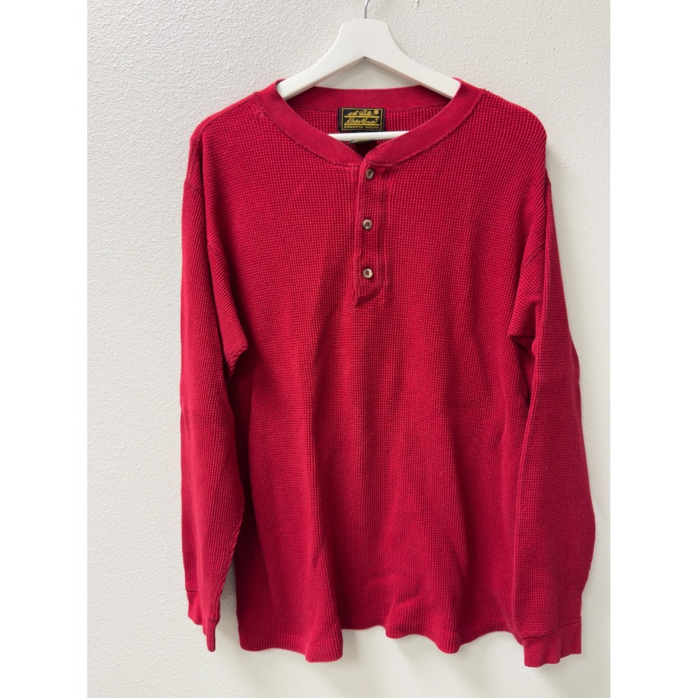 Vintage Eddie Bauer Henley Shirt Mens S Red Waffle Knit Thermal Made in USA